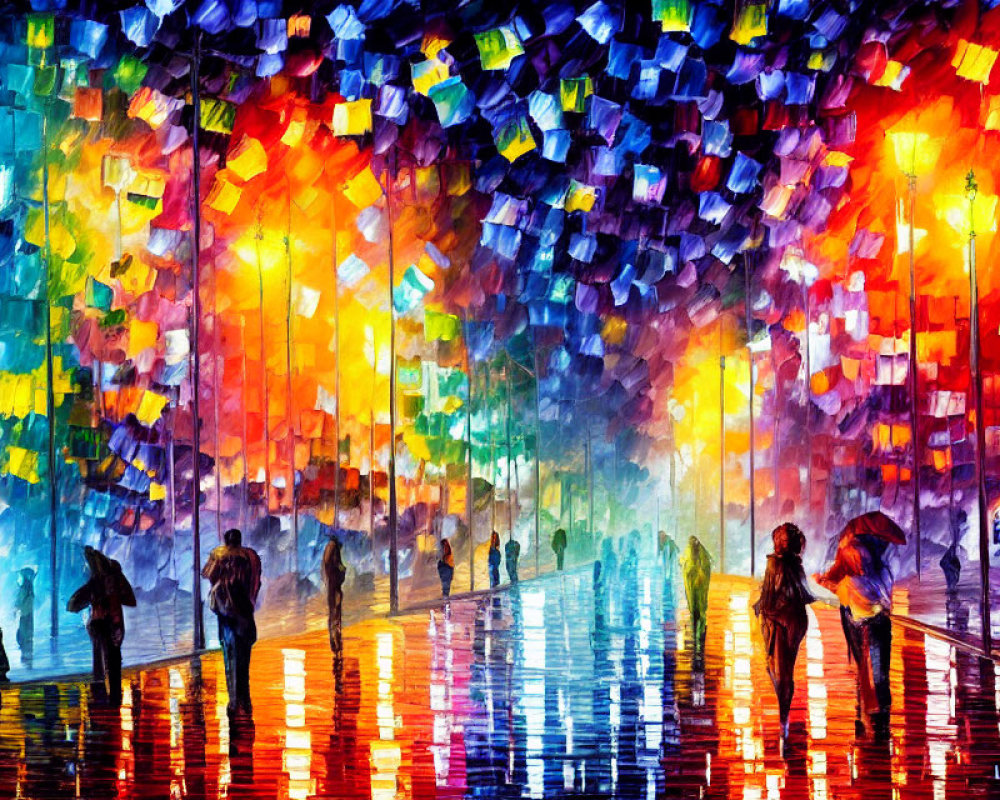 Colorful painting of people with umbrellas on rain-slicked street