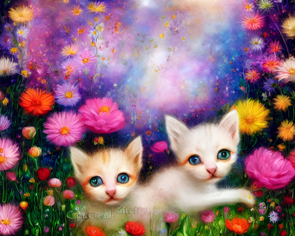 Vibrant Artwork: Two Kittens in Fantastical Garden