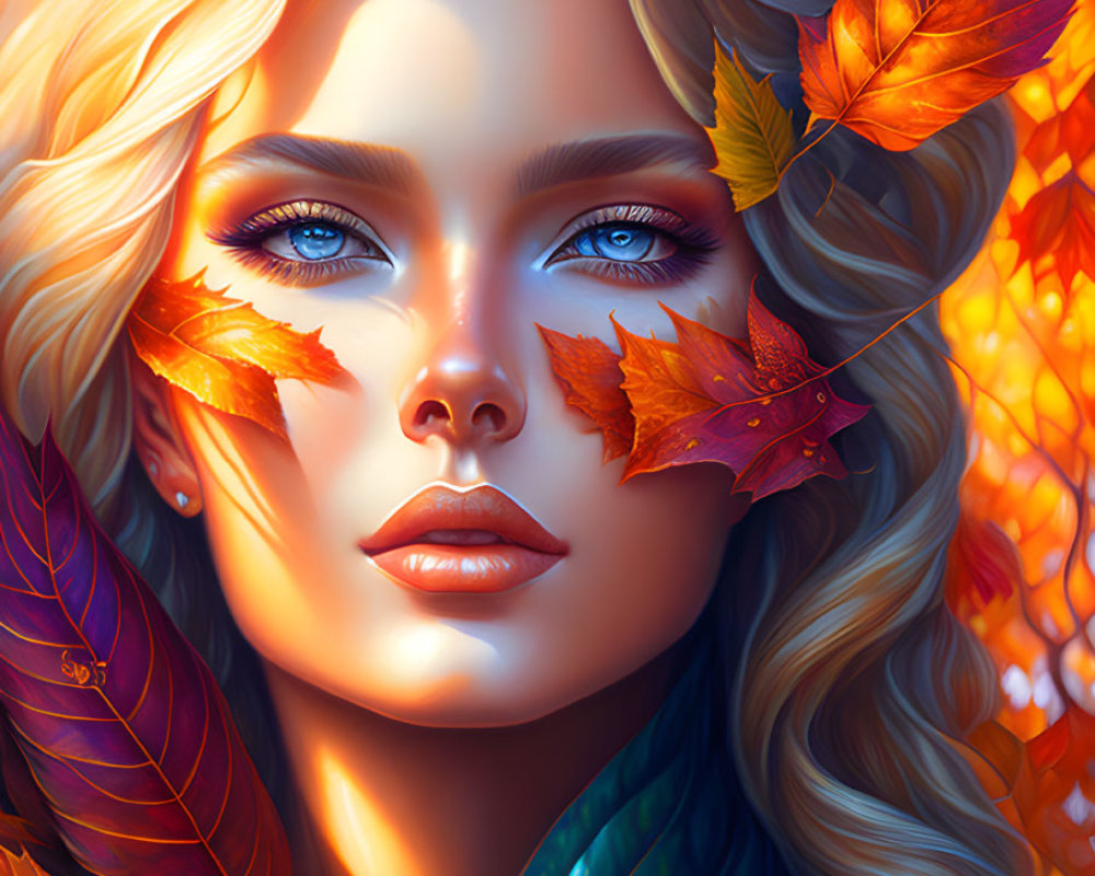 Illustrated woman with blue eyes in autumn setting