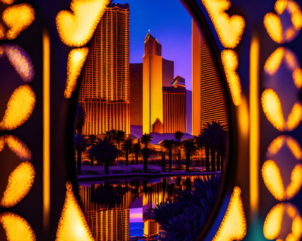 Urban skyline at dusk with illuminated circular decorations and glowing reflections.