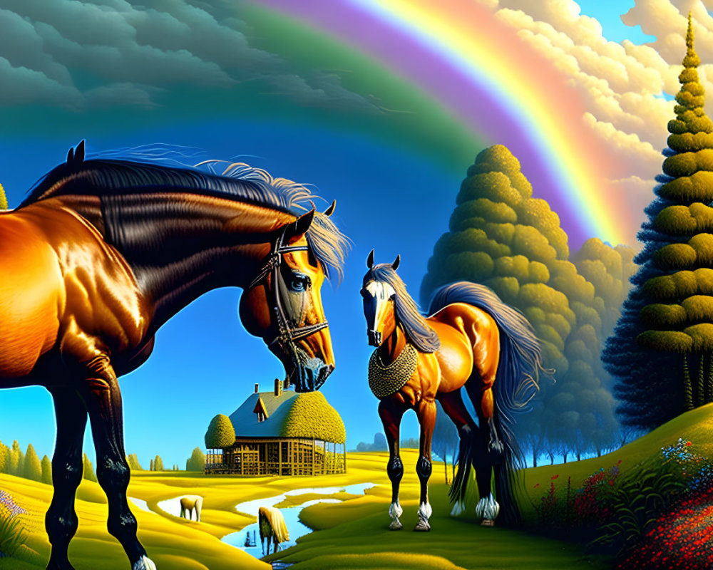 Vibrant countryside scene with two horses, rainbow, cottage, sheep, and blue sky