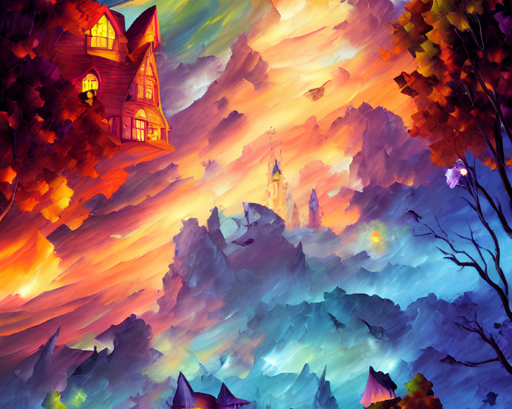 Colorful village painting with luminous moon and magical atmosphere