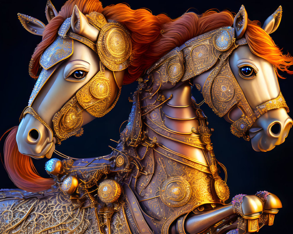 Golden-armored horses with red manes in regal fantasy setting