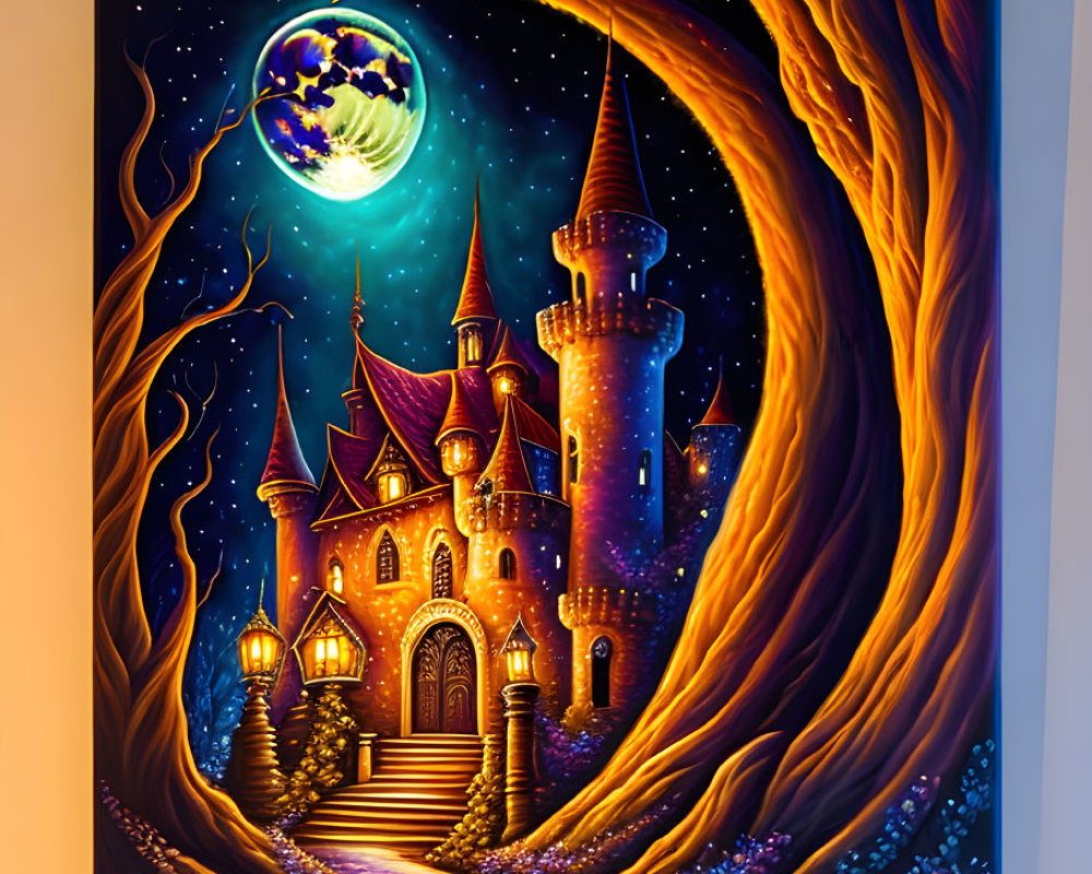 Enchanting castle night painting with golden vortex under starlit sky