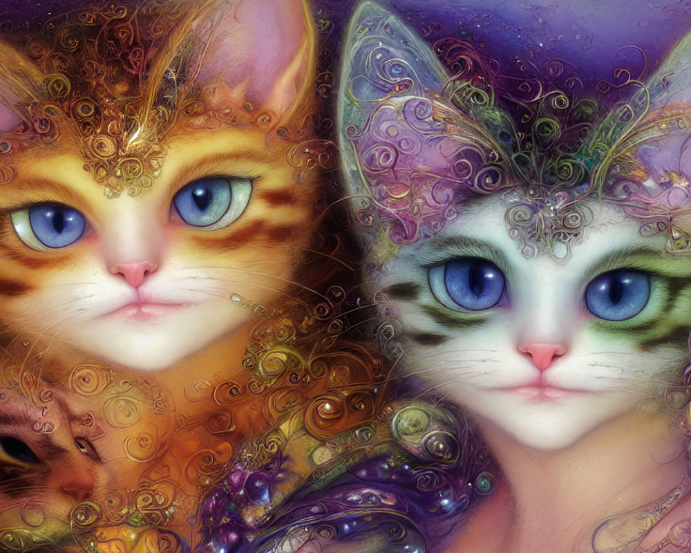 Ornate Cats with Blue Eyes and Floral Designs on Textured Background