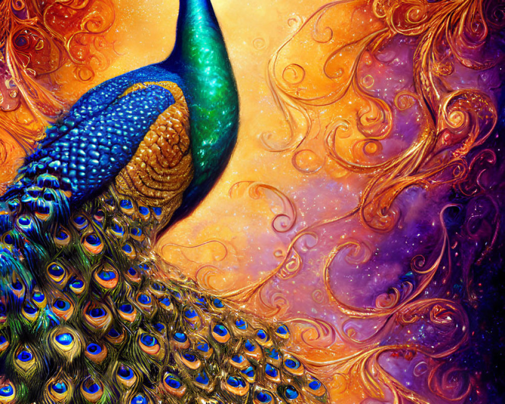 Colorful Peacock Illustration with Elaborate Tail and Ornate Backdrop