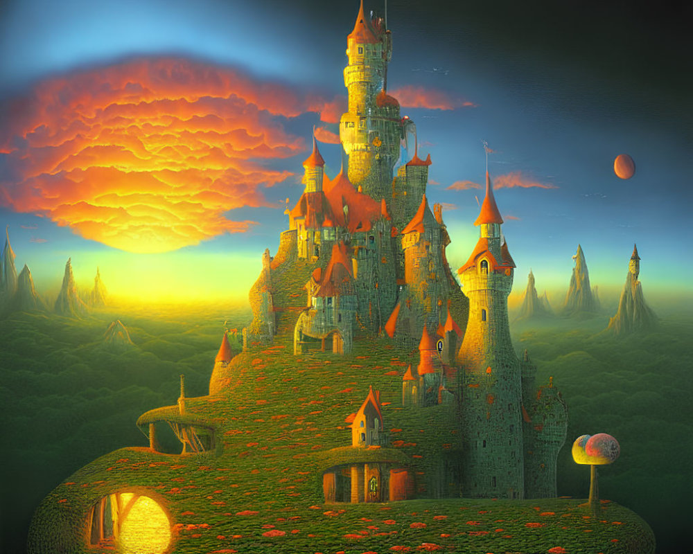 Whimsical castle with soaring spires on lush hilltop at sunset