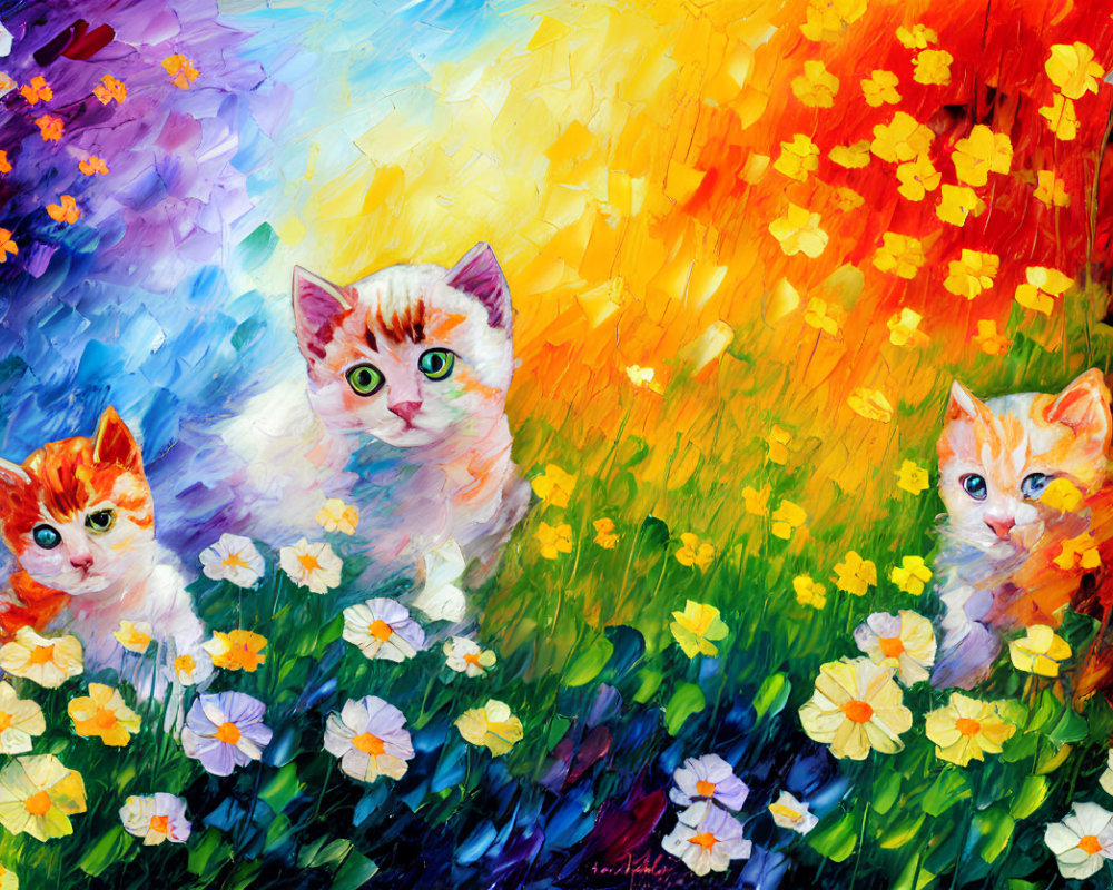 Colorful Painted Kittens Playing Among Vibrant Flowers Under Rainbow Sky