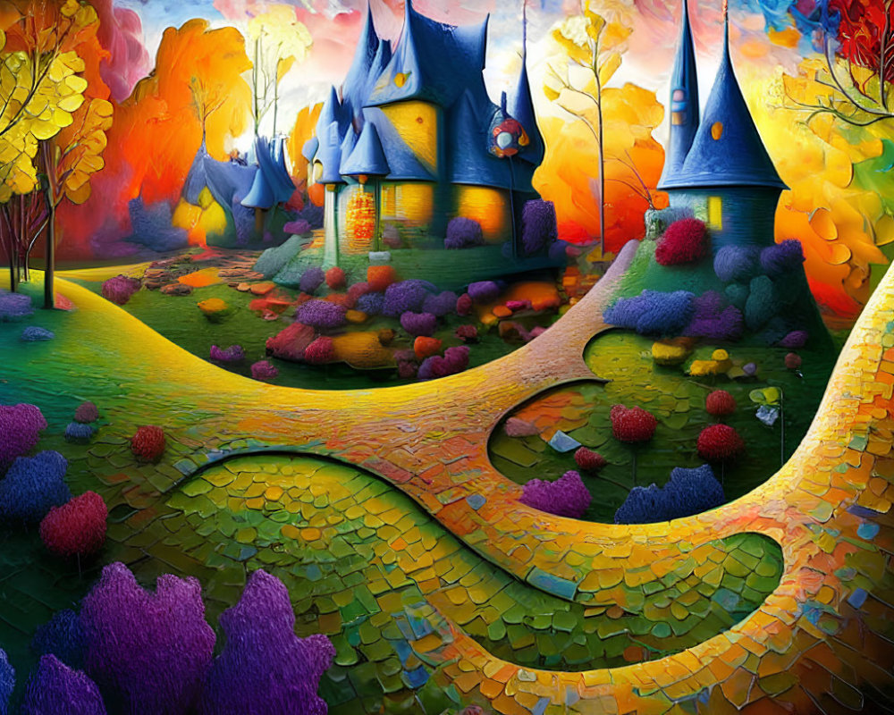 Colorful fantasy landscape with winding paths, vibrant flora, and quaint houses under dramatic sky