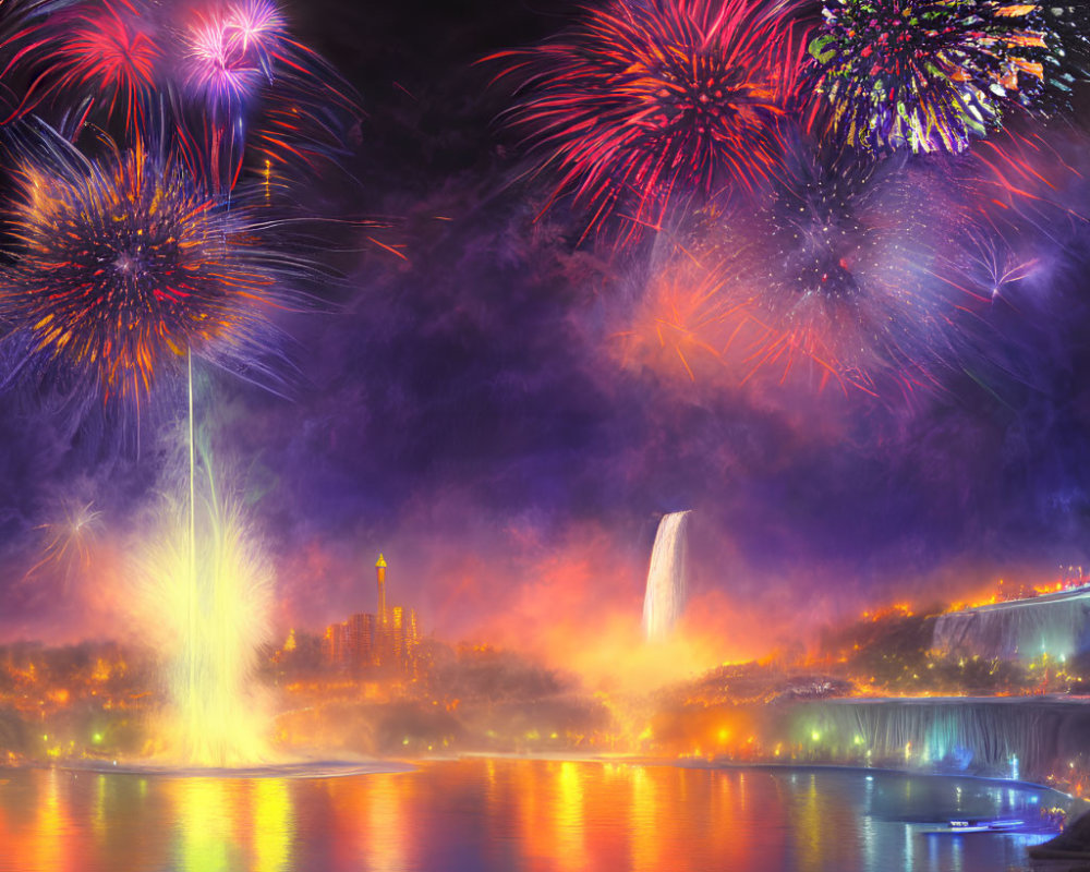 Colorful fireworks illuminate calm river with lit skyline and luminous waterfall