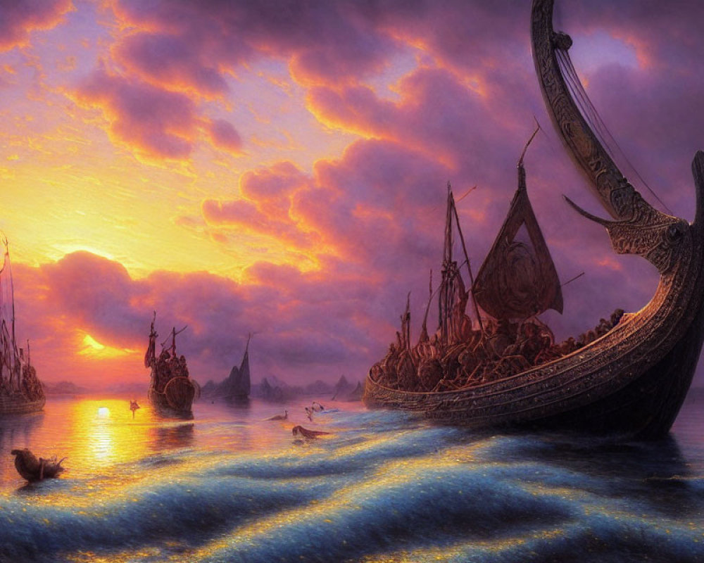 Majestic Viking longship sailing at sunrise on tranquil sea