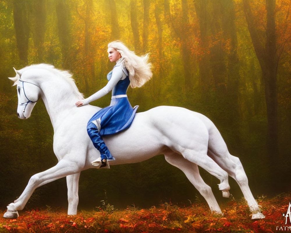 Woman in Blue Medieval Dress Riding White Horse in Autumn Forest