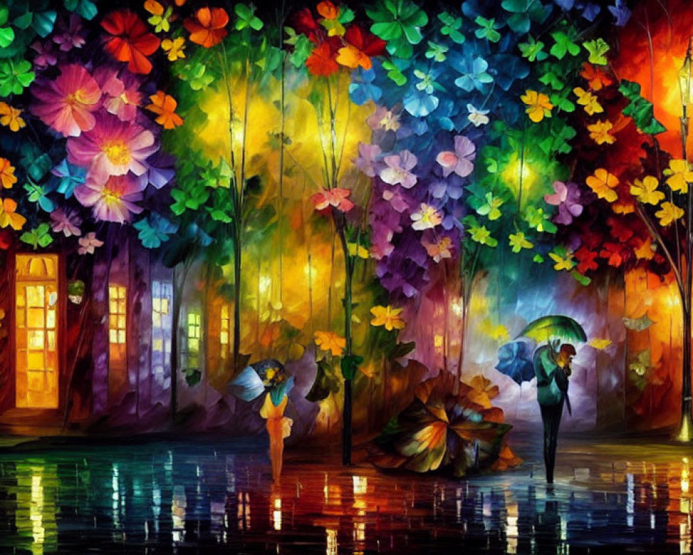 Whimsical forest painting with illuminated trees and oversized flowers