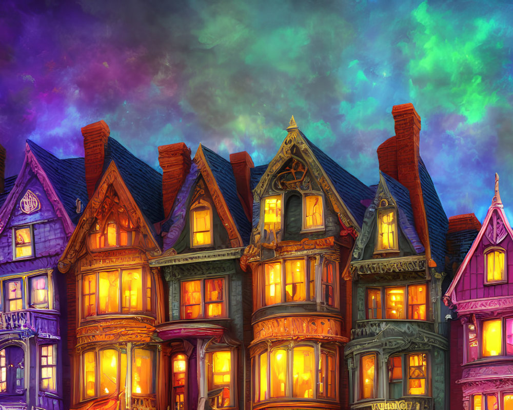 Colorful Victorian Houses Under Aurora Sky