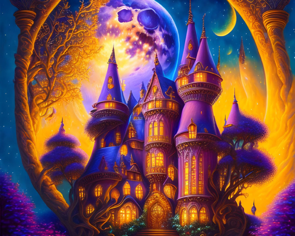 Fantasy castle under starry night sky with golden arch and crescent moon