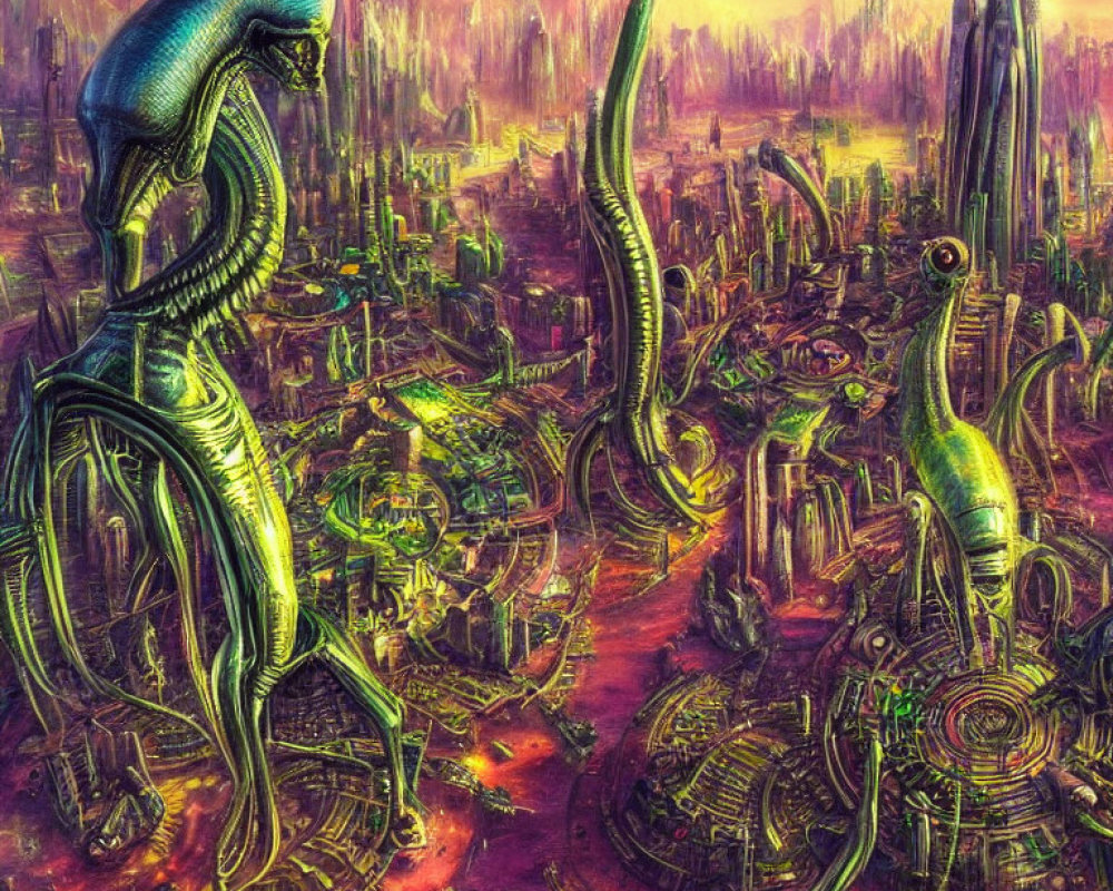 Vivid Alien Cityscape with Organic Structures and Humanoid Figure