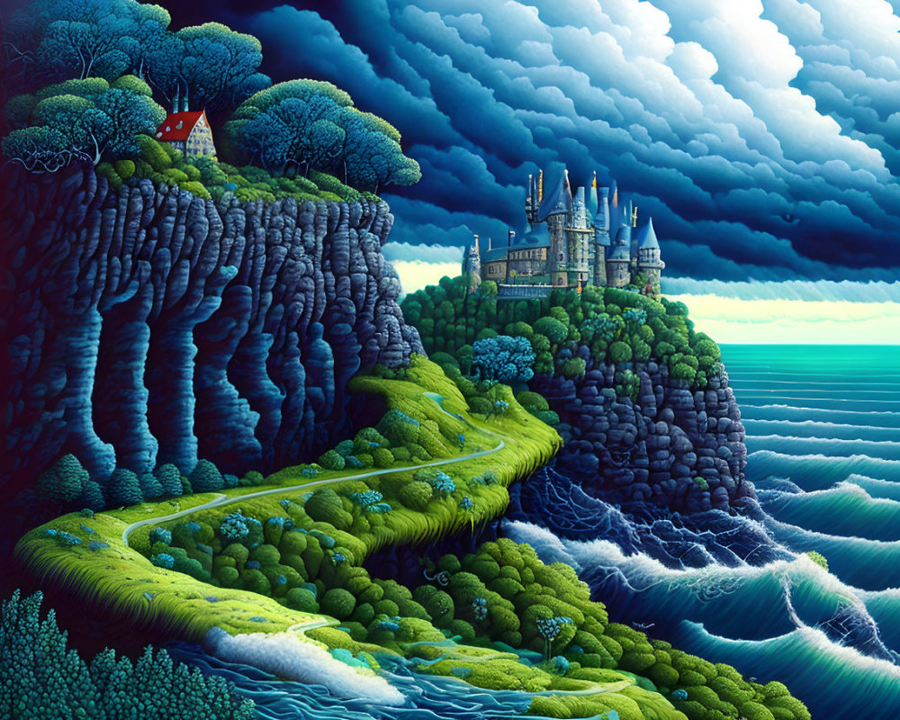 Detailed castle cliff illustration with clouds, winding road, forest, house, and sea.