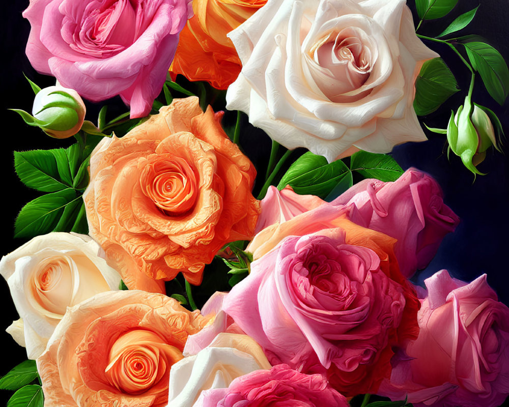 Colorful Rose Bouquet with Pink, Orange, and White Hues on Dark Background