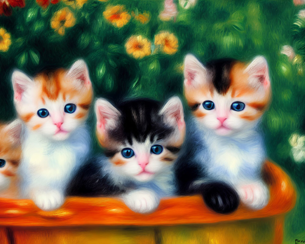 Four fluffy kittens in basket with blooming flowers in soft-focus style