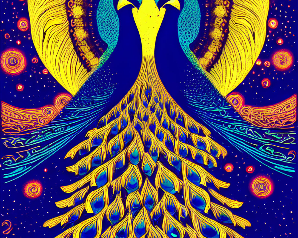 Detailed Artwork of Two Peacocks with Elaborate Tails on Cosmic Background