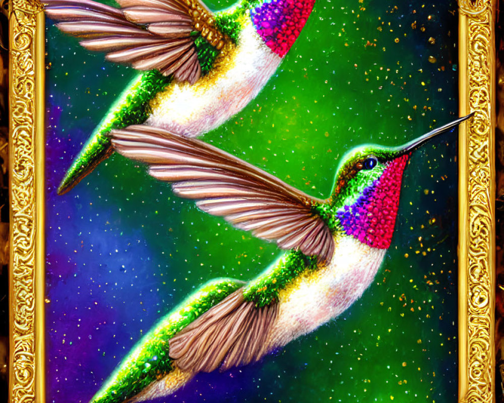 Colorful Hummingbirds in Cosmic Setting with Golden Frame