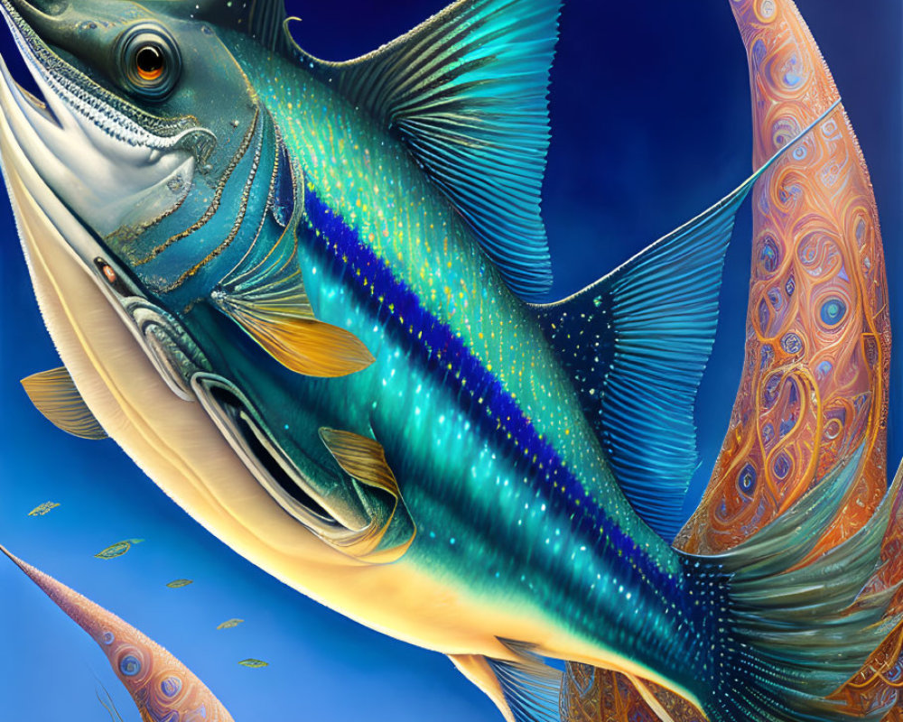 Colorful Marlin Illustration with Intricate Patterns Swimming in Blue Ocean