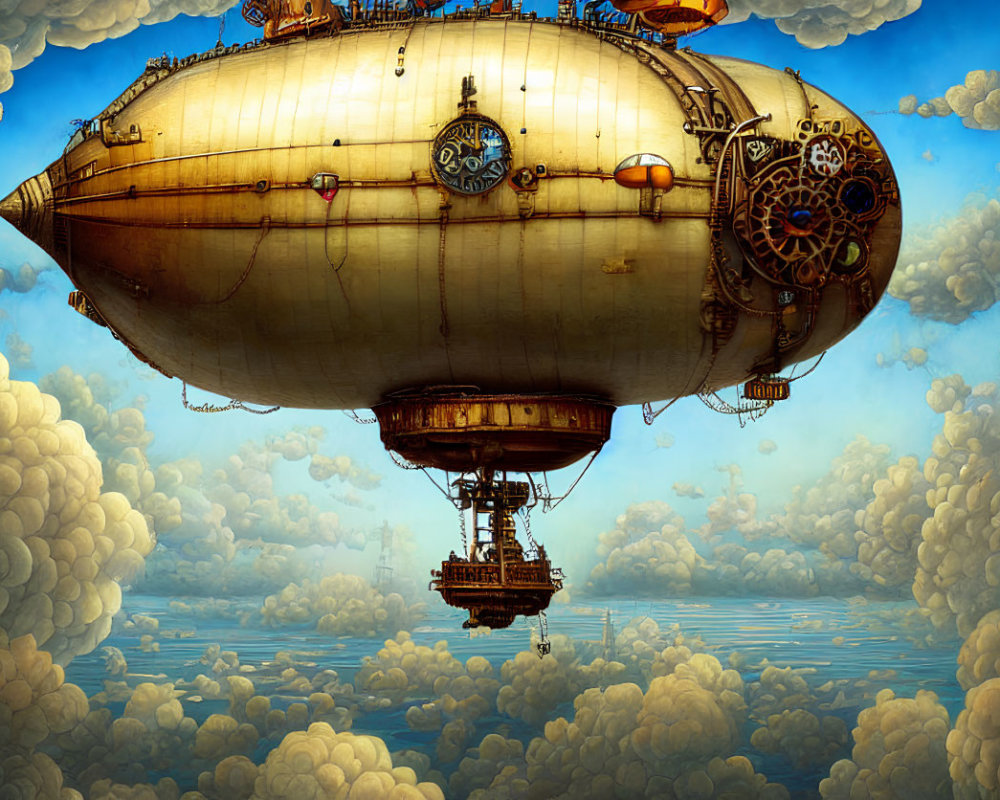 Steampunk airship with gears and propeller in serene sky