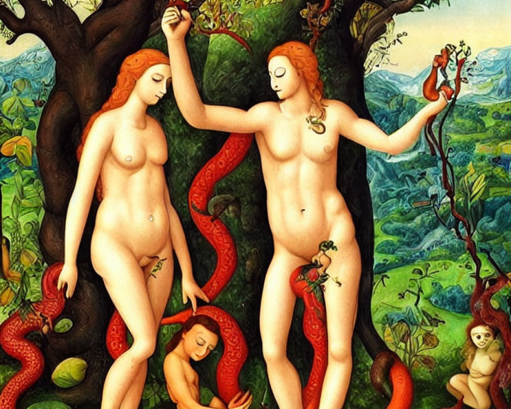 Nude figures in garden with serpent, biblical Eden imagery