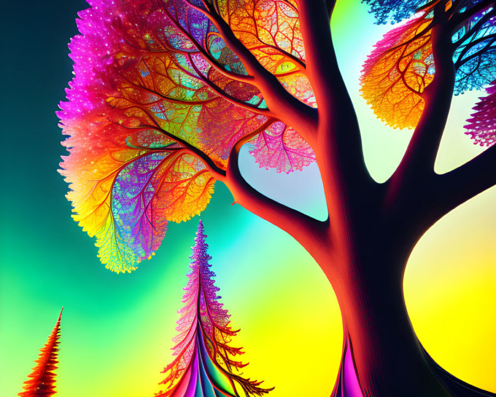 Colorful Digital Artwork: Neon Trees Against Sunset Sky