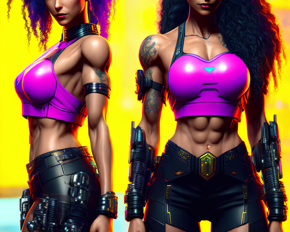 Futuristic cyberpunk women with vibrant hair and advanced arm prosthetics