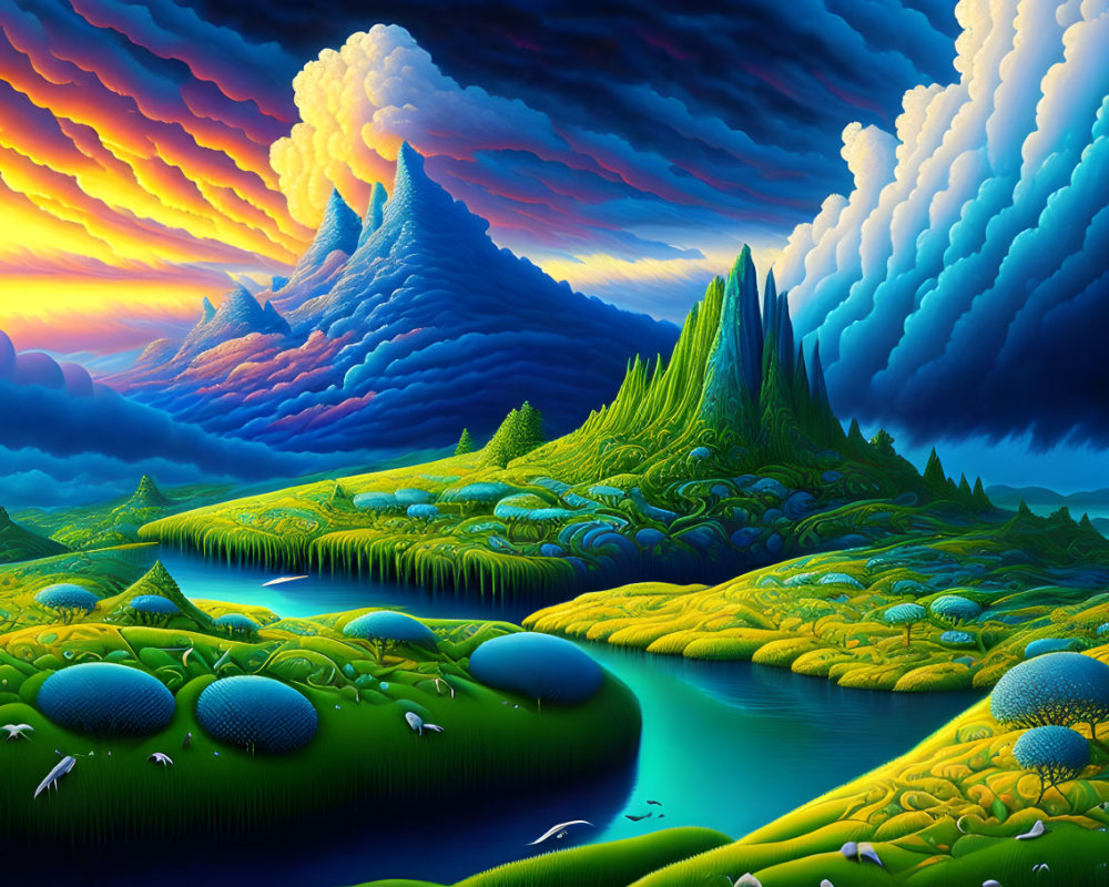 Surreal landscape with green hills, river, pods, and fiery sunset sky