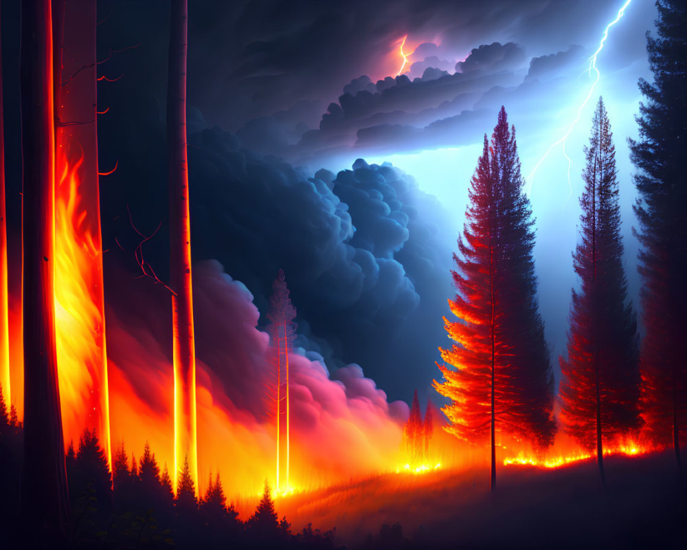 Intense forest fire with towering flames under blue lightning