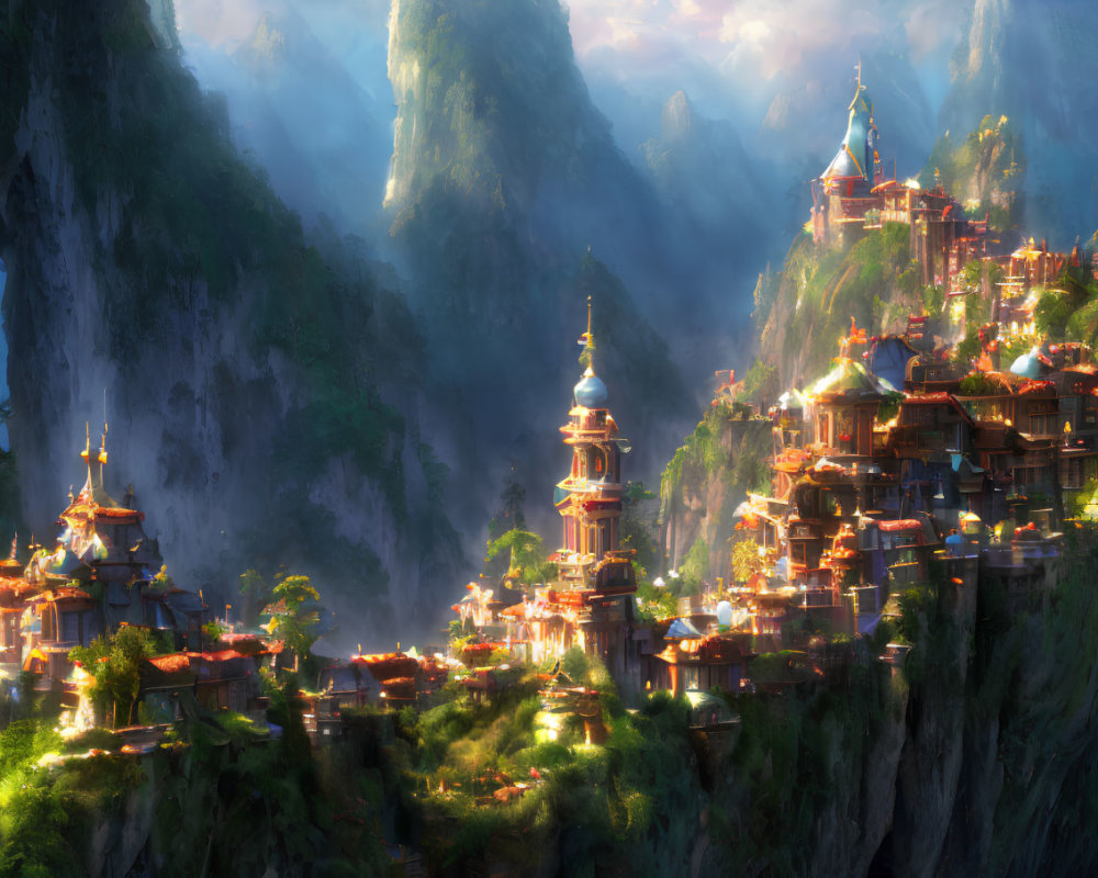 Mountain village with ornate towers nestled among lush greenery