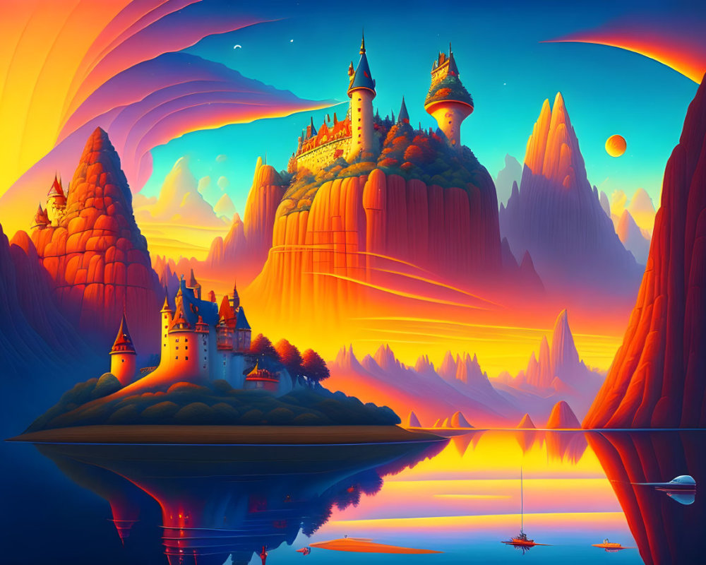 Fantasy landscape with castle, mountains, and sunset sky by serene lake