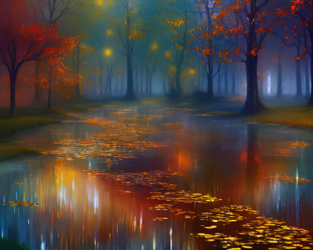 Vibrant autumn trees reflecting in foggy illuminated water