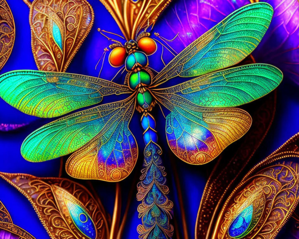 Colorful dragonfly art with intricate wings on blue background