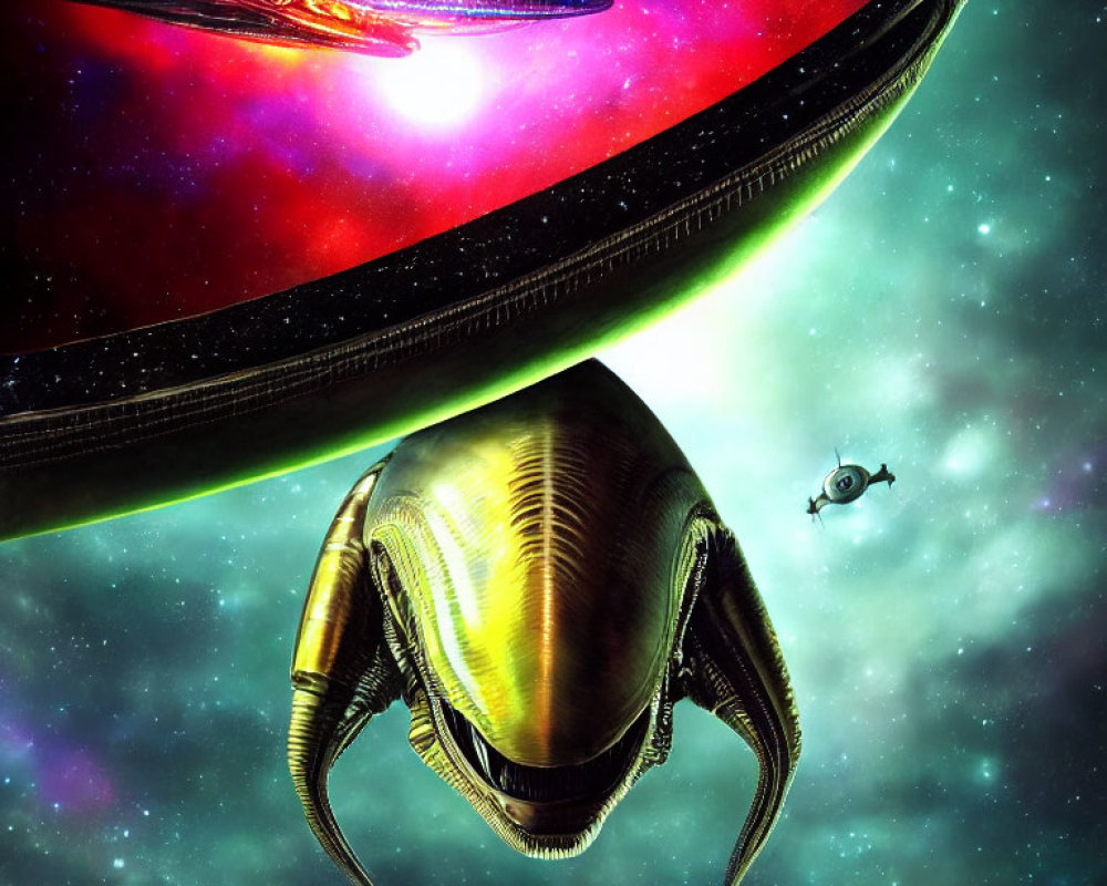 Golden alien creature faces astronaut with massive spaceship in vibrant cosmos.