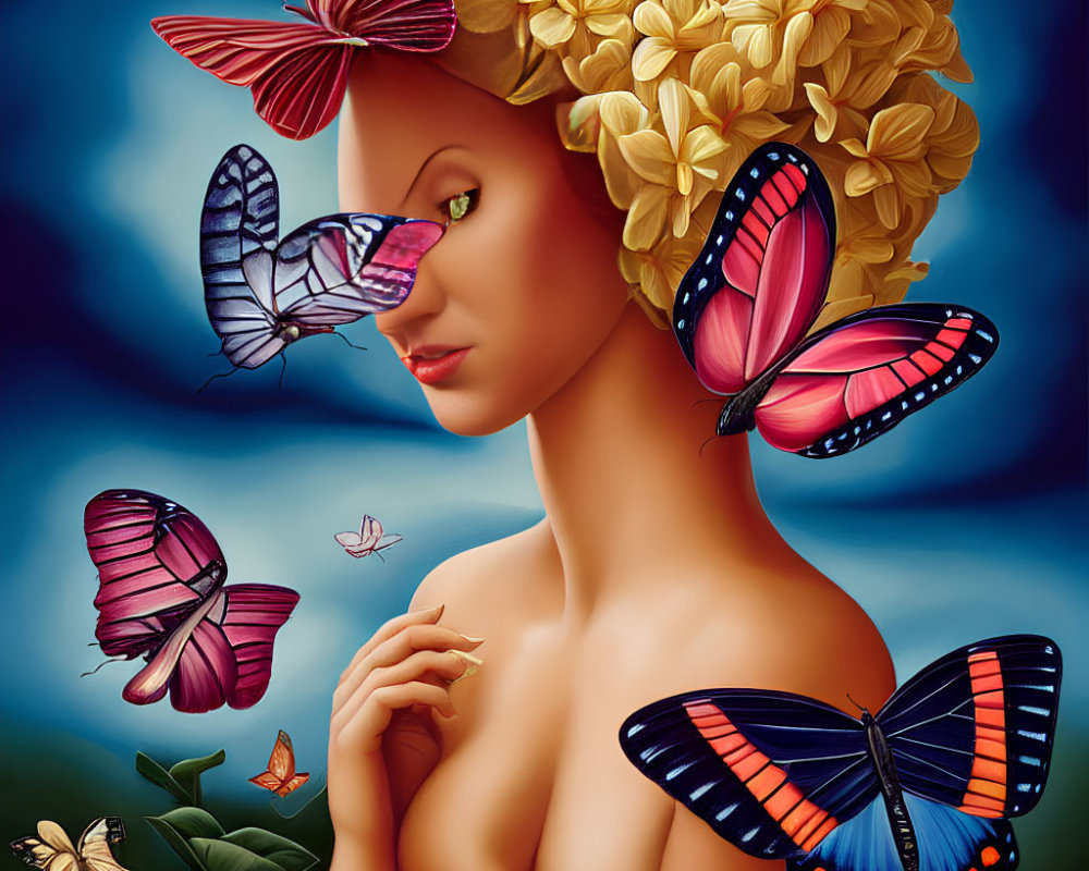 Woman with Butterfly Wings Hair Surrounded by Colorful Butterflies on Blue Background