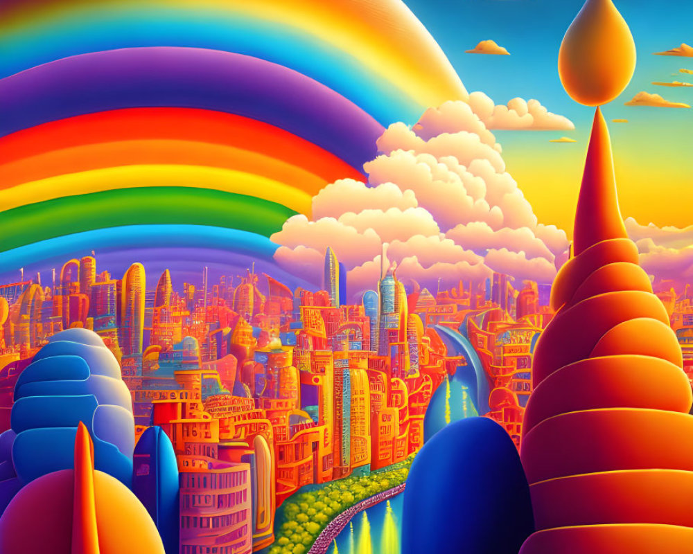 Colorful surreal cityscape with river, whimsical architecture, rainbow, and sunset-lit clouds