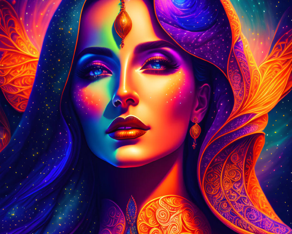 Colorful cosmic-themed portrait of a woman with celestial elements