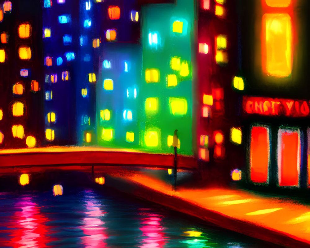 Colorful cityscape illustration at night with reflections and solitary figure by riverside