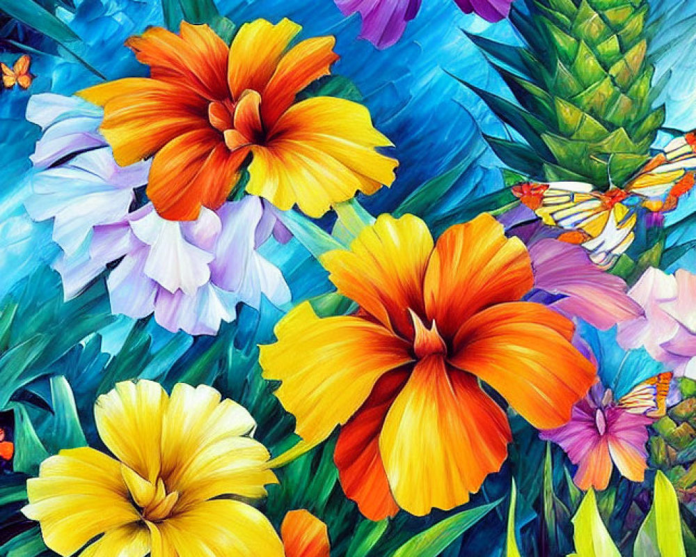 Colorful digital artwork: Tropical flowers, butterflies, lush foliage