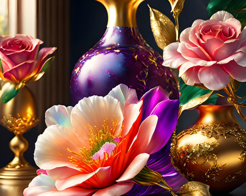 Colorful still life with purple vase, gold ornaments, and vibrant flowers on dark backdrop