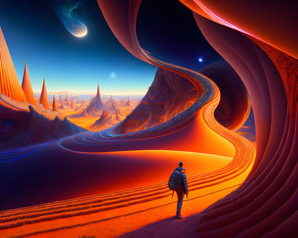 Backpacker in surreal landscape with swirling orange patterns