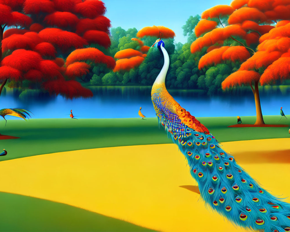 Colorful peacock with extended tail in vibrant landscape.