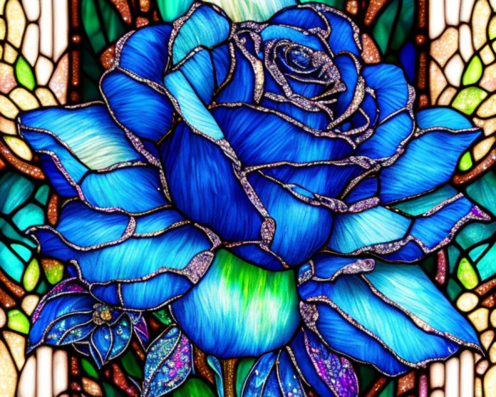 Vibrant Blue Rose Stained Glass Artwork with Green Leaves