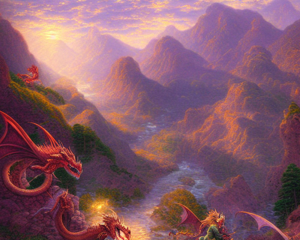 Fantasy landscape with dragons on cliffs and misty valley.