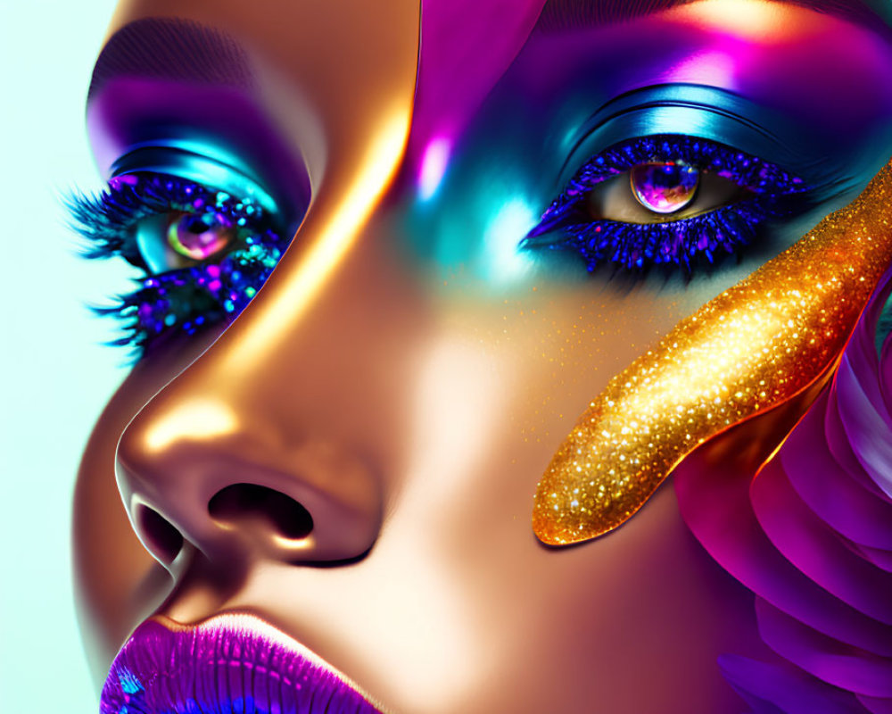 Colorful digital portrait of a woman with metallic tones, purple eyes, gold tears, and feather accents