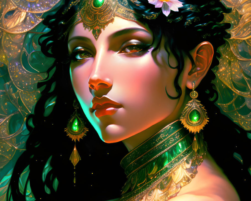 Stylized portrait of woman with golden jewelry and fantasy-themed background