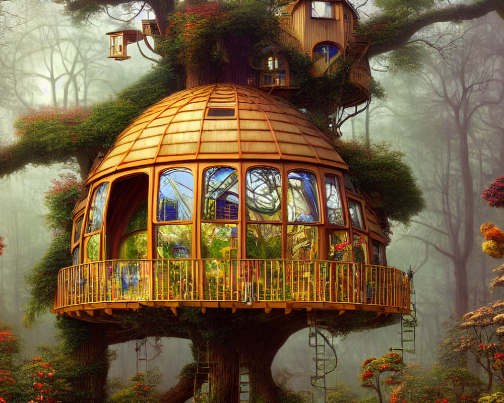 Enchanted treehouse in foggy woods with glass windows